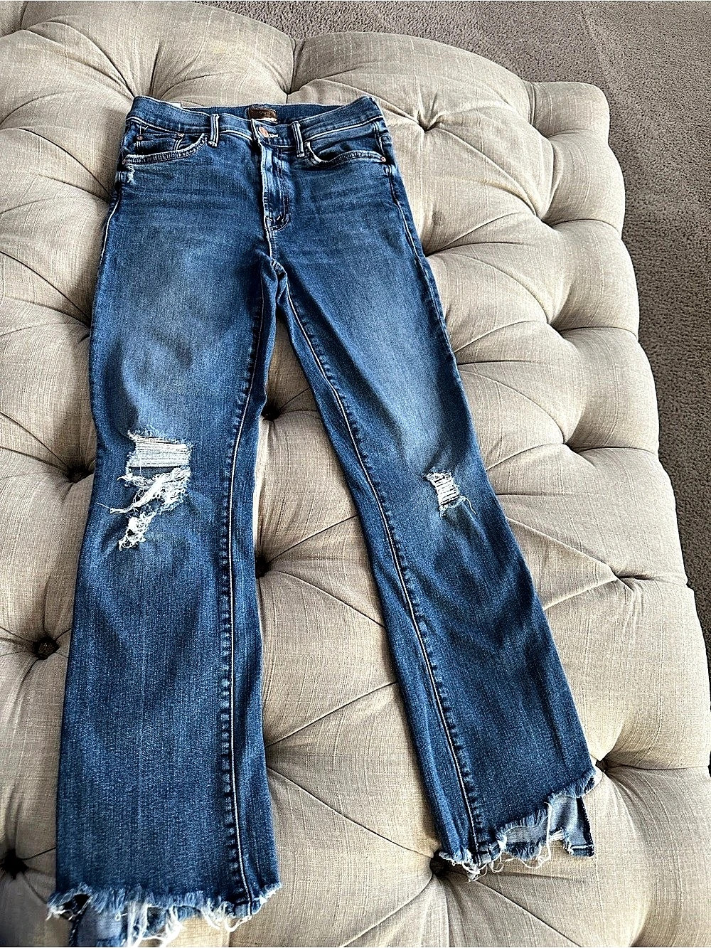 MOTHER The Hustler Ankle Fray Distressed Flare Jeans Blue size 27